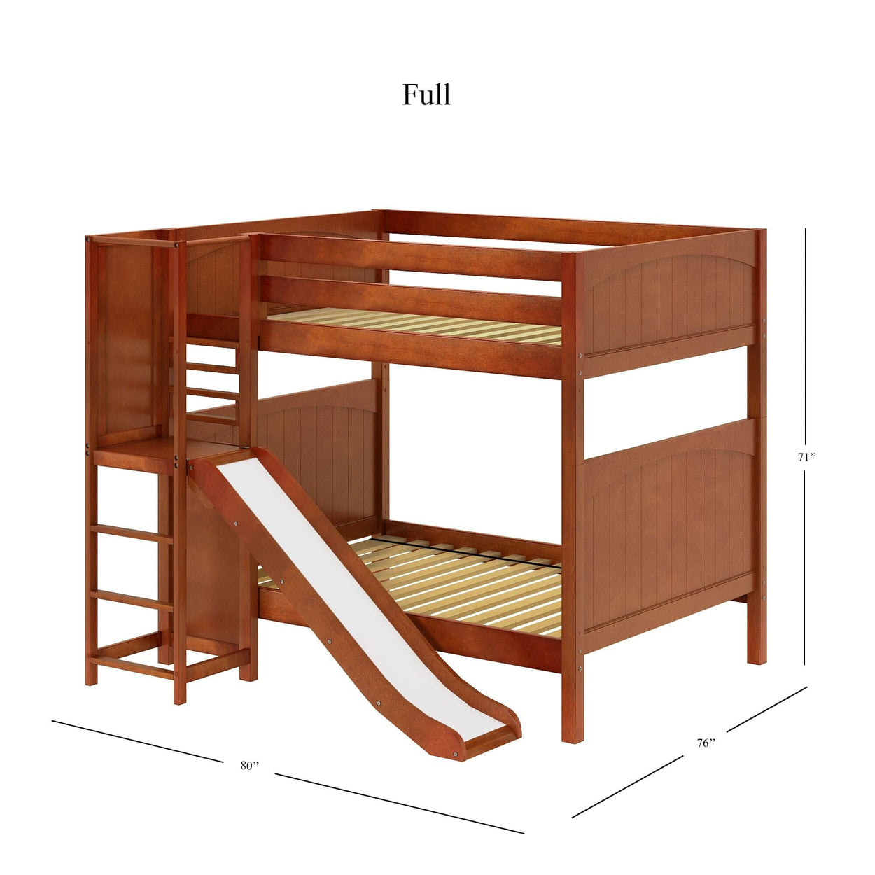 Full-size wooden bunk bed with slide and ladder, dimensions 80" x 76" x 71".