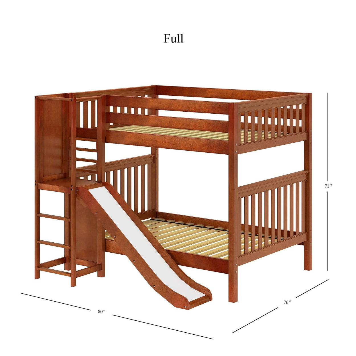 Wooden full-size bunk bed with a slide and ladder, featuring vertical slatted design and dimensions labeled in inches.