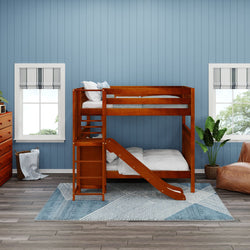 Wooden bunk bed with slide in a blue-themed child's bedroom with decorative plants and modern furnishings.