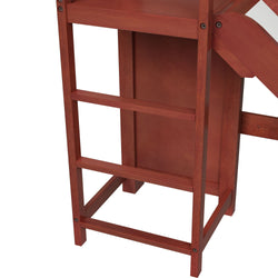 Red wooden desk ladder detail for home office furniture.