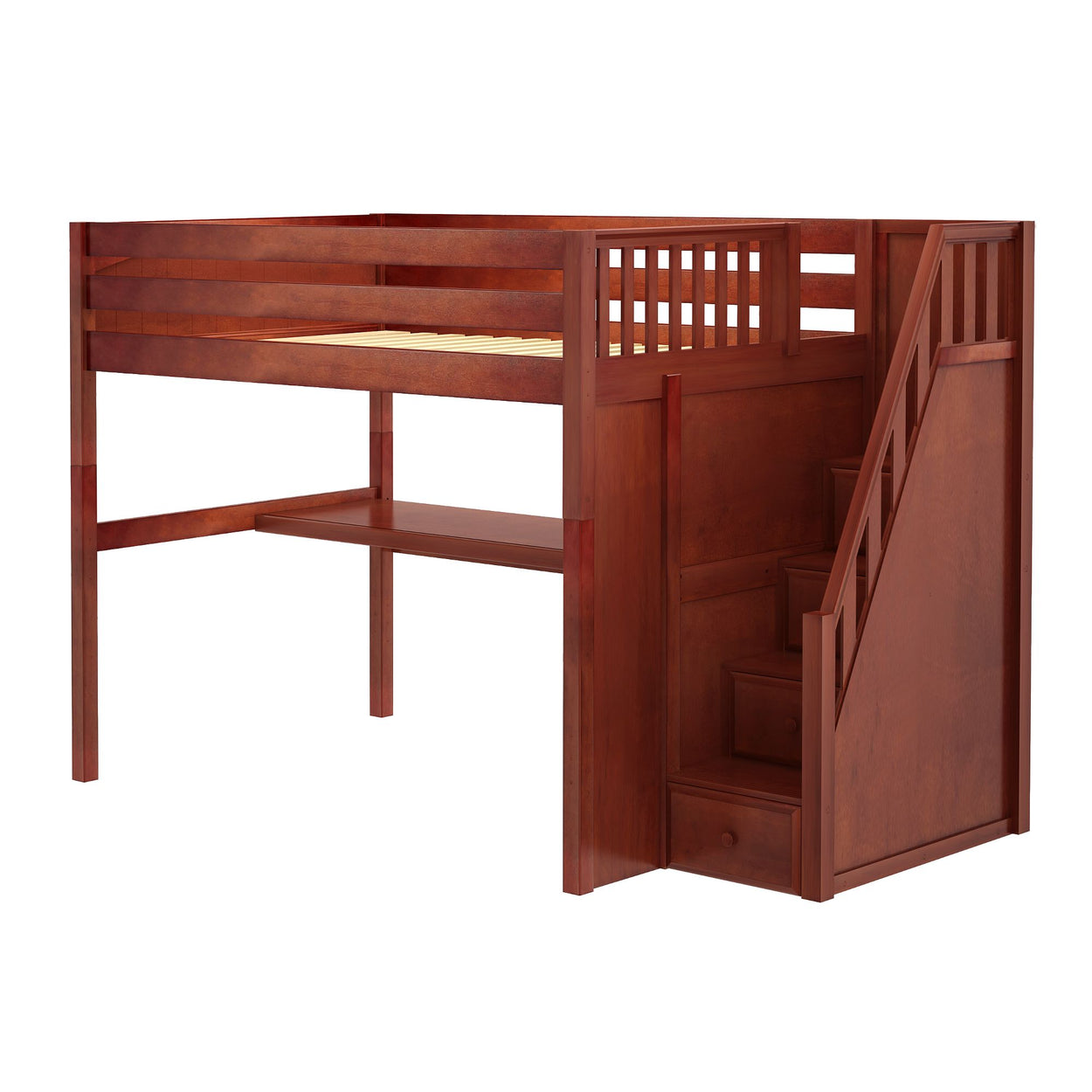 Wooden loft bed with stairs and storage drawers, ideal for kids' bedrooms.