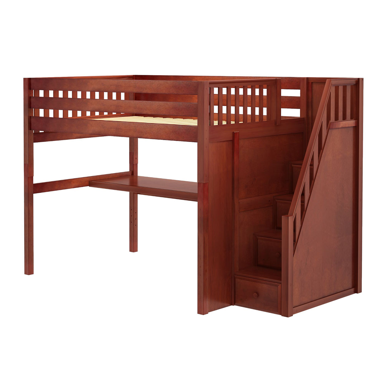 Loft bed with stairs and built-in storage in wooden finish, perfect for maximizing space in kids' rooms.