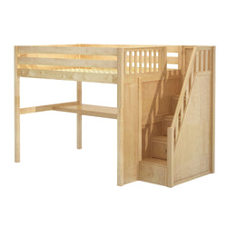 Wooden loft bed with integrated staircase and desk, ideal space-saving furniture for kids' bedrooms.