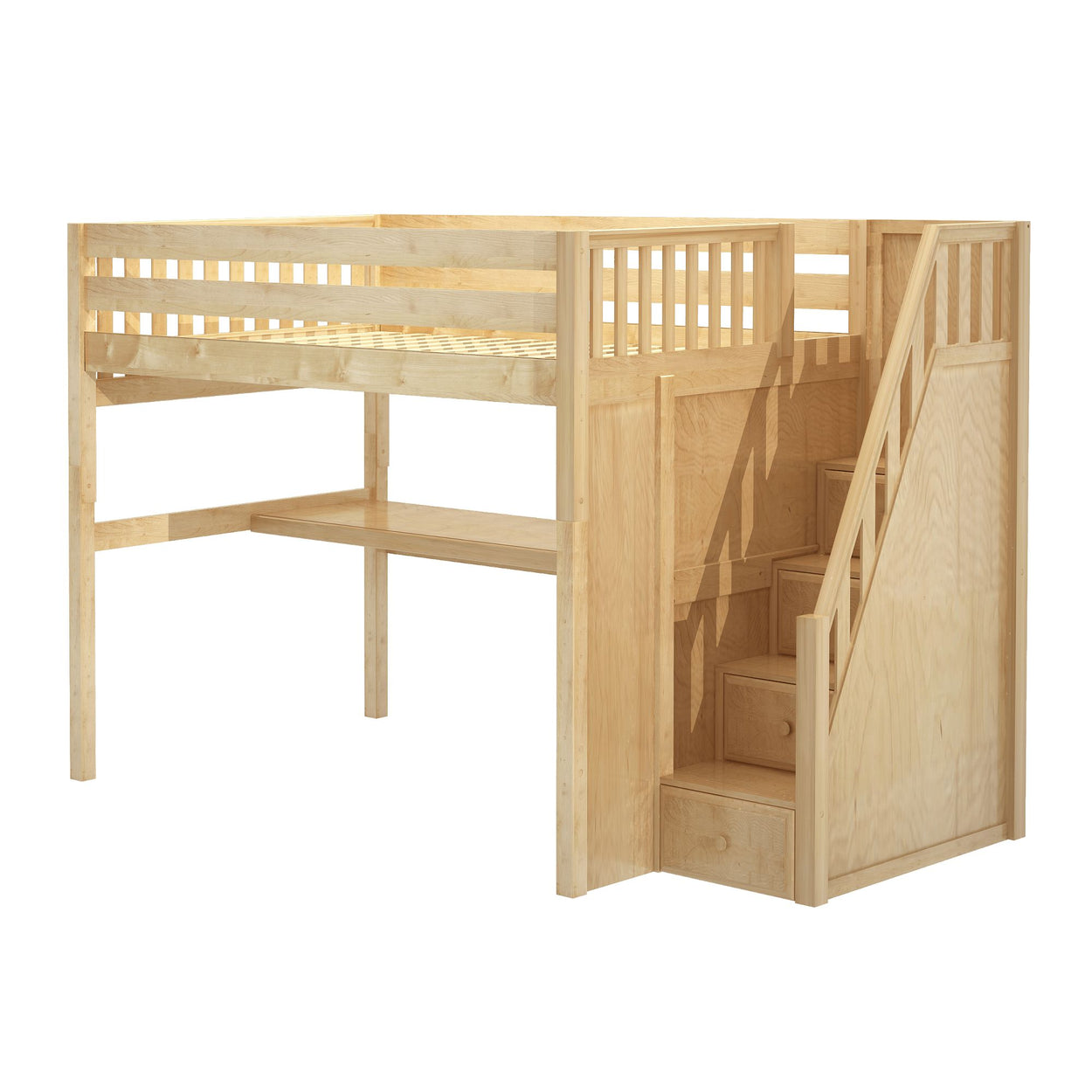 Wooden loft bed with built-in desk and staircase for kids' bedroom.