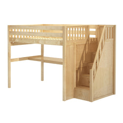 Wooden loft bed with built-in desk and staircase for kids' bedroom.