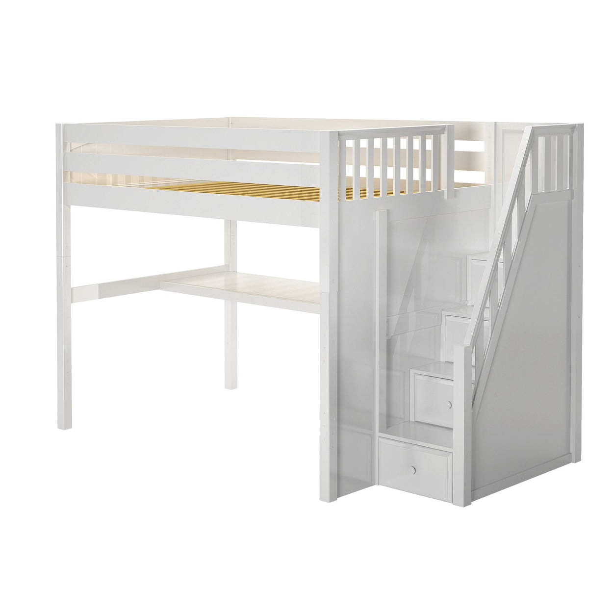 White loft bed with built-in storage stairs and desk, ideal for maximizing space in small bedrooms.