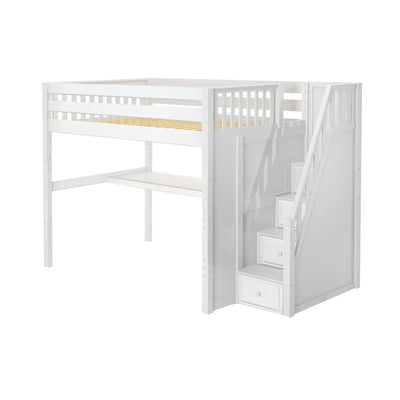 White wooden loft bed with integrated staircase and storage drawers, ideal for optimizing small bedroom spaces.