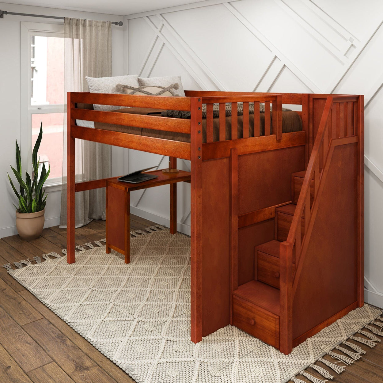 Wooden loft bed with stairs and desk in modern bedroom setting.