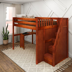 Wooden loft bed with stairs and desk in modern bedroom setting.