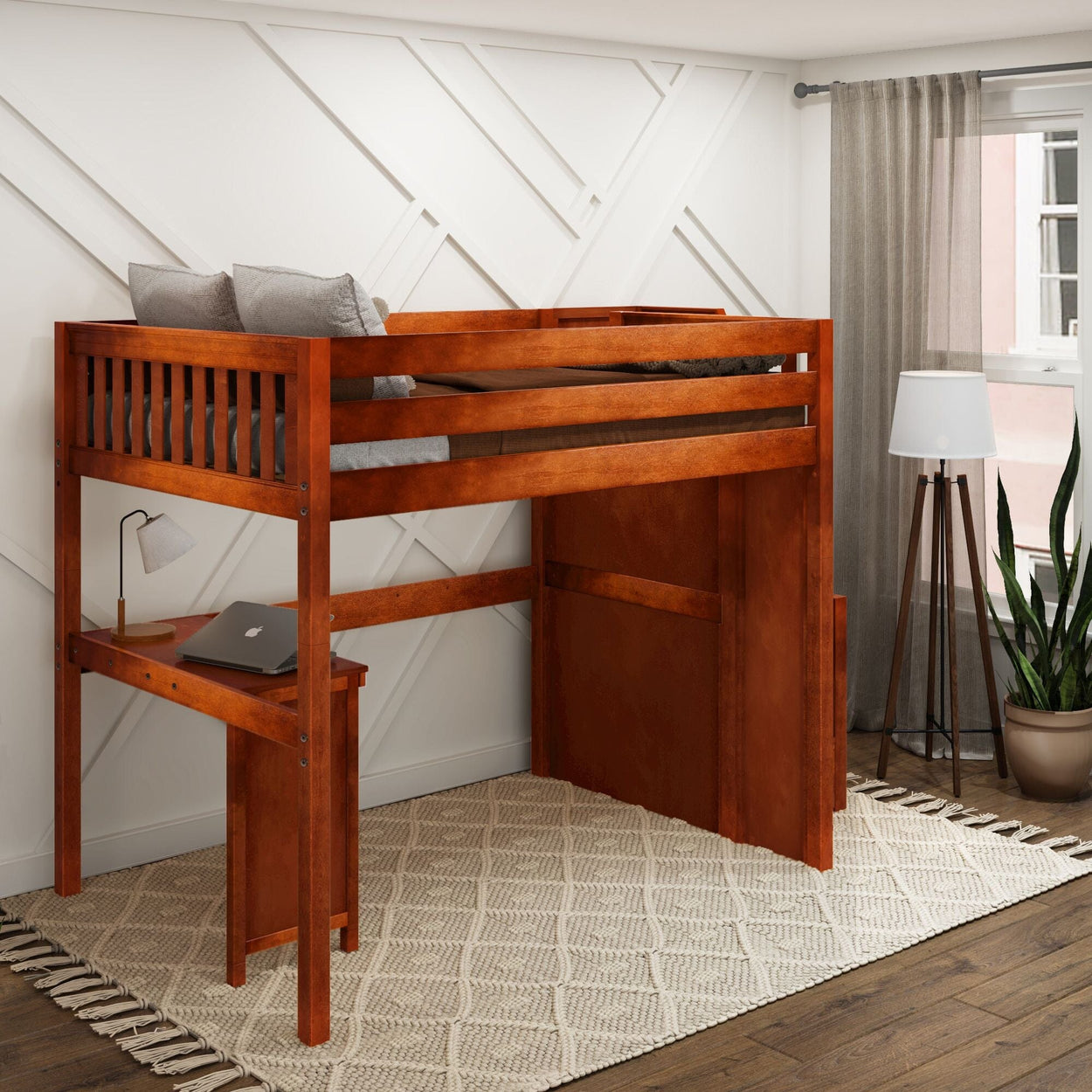 Stylish wooden loft bed with desk underneath in modern bedroom.