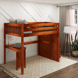 Stylish wooden loft bed with desk underneath in modern bedroom.