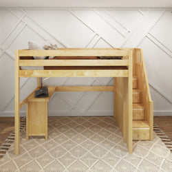 Wooden loft bed with built-in desk and staircase in a modern bedroom.