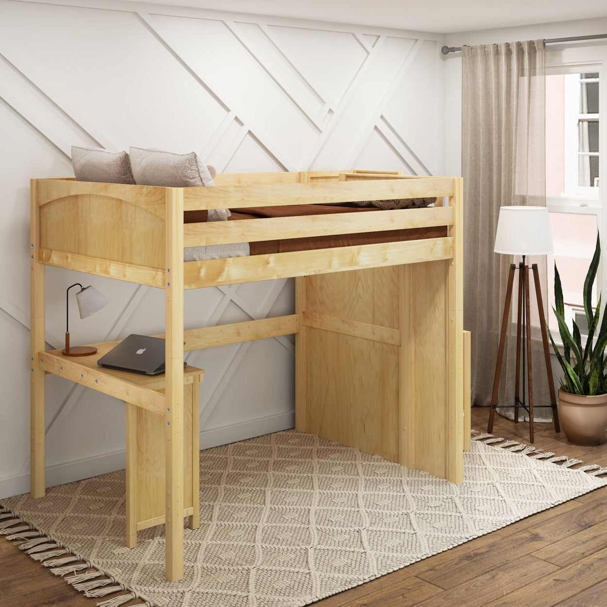 Natural wood loft bed with desk underneath in modern bedroom, featuring white textured walls, a beige rug, and stylish decor.
