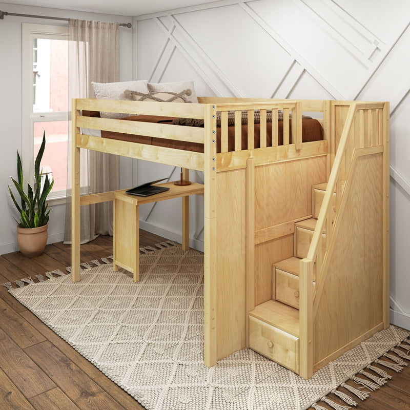 Natural wood loft bed with built-in desk, storage stairs and ladder in neutral kids' bedroom with textured rug and potted plant