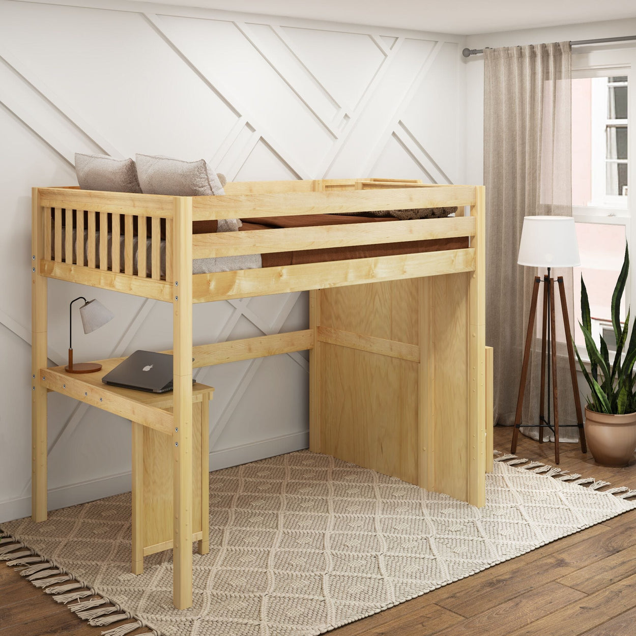 Wooden loft bed with built-in desk in modern bedroom, featuring natural light and cozy decor.
