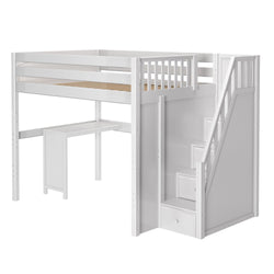 White wooden loft bed with integrated desk and staircase storage.