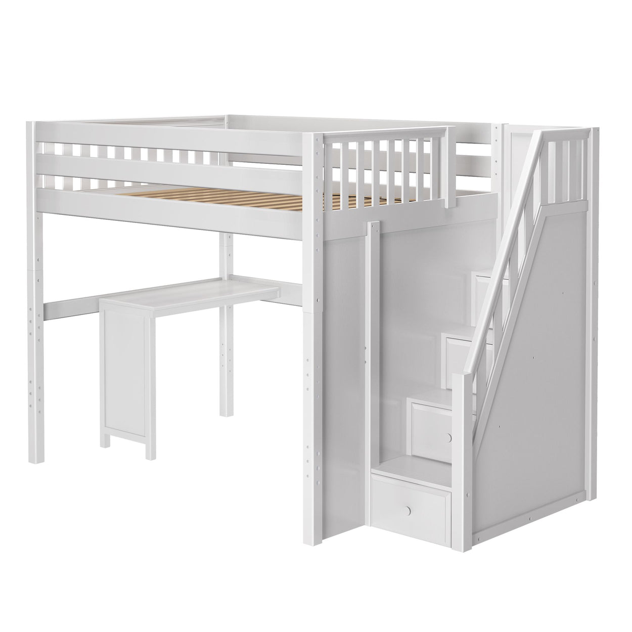 White loft bed with built-in stairs, desk, and storage for kids' bedroom furniture.