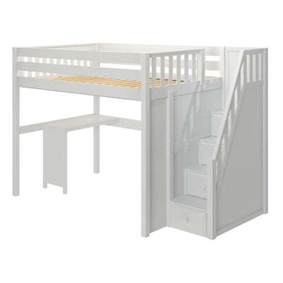 White loft bed with integrated desk and staircase drawers for space-saving bedroom design.