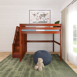 Loft bed with wooden stairs in a bright kids' room featuring a green rug, world map poster, and teddy bear.