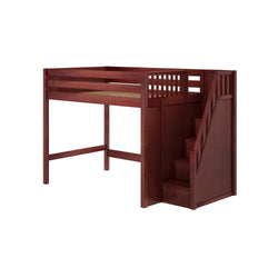 Wooden loft bed with built-in staircase and storage drawers.