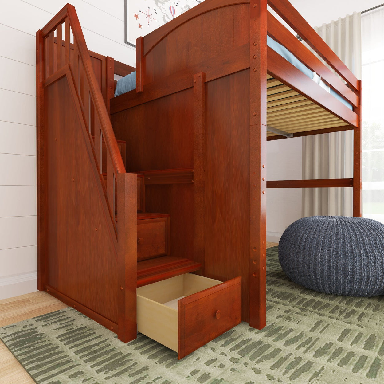 Wooden loft bed with built-in stairs and storage drawers in a cozy bedroom setting.