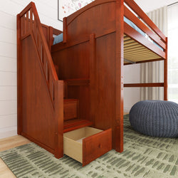 Wooden loft bed with built-in stairs and storage drawers in a cozy bedroom setting.