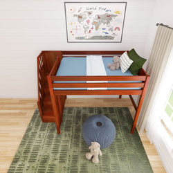 Kids room with a wooden loft bed featuring stairs, stuffed animal, and world map wall art.