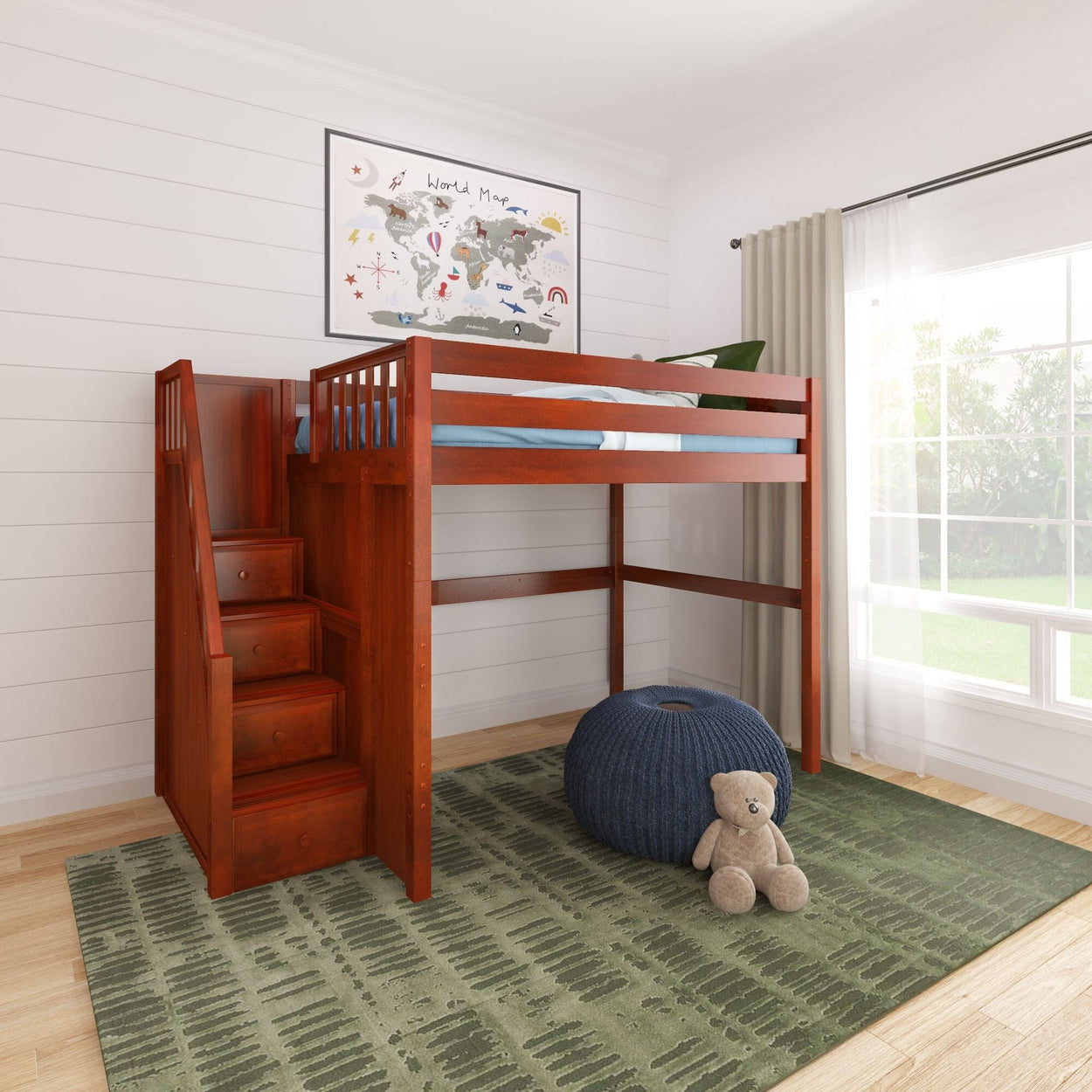 Children's wooden loft bed with stairs in a bright bedroom featuring a world map poster, plush bear, and round blue pouf on green patterned rug.