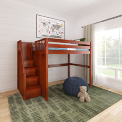 Children's wooden loft bed with stairs in a bright bedroom featuring a world map poster, plush bear, and round blue pouf on green patterned rug.