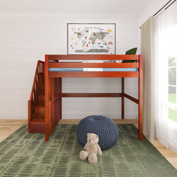Loft bed with wooden stairs in a child's room featuring a world map decor, green carpet, blue pouf, and teddy bear for a cozy atmosphere.