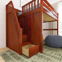 Wooden loft bed with stairs featuring built-in storage drawers, ideal for maximizing small bedroom space.