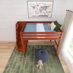 Loft bed with stairs and blue bedding in a children's room featuring a world map poster, green rug, and plush toys.