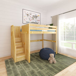 Wooden loft bed with built-in stairs in a bright, modern children's bedroom featuring a world map poster and green rug.