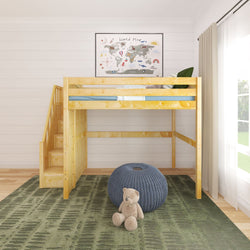 Wooden loft bed with stairs in a child's room featuring world map decor and teddy bear.