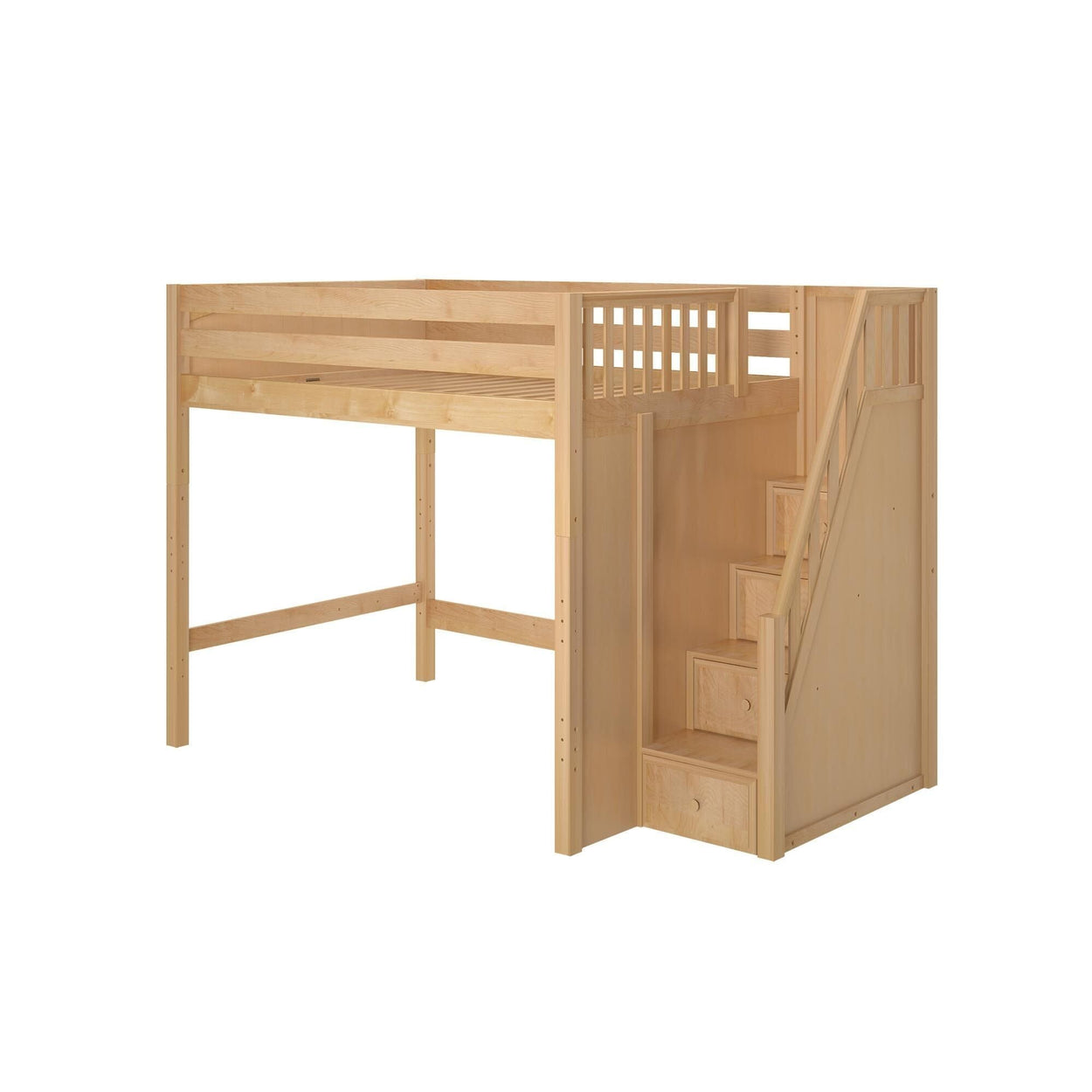 Natural wood loft bed with storage stairs for kids' room, space-saving design.