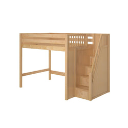 Natural wood loft bed with storage stairs for kids' room, space-saving design.