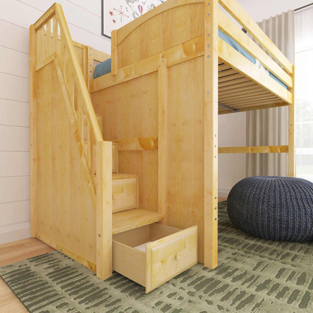 Wooden loft bed with built-in stairs and storage drawers in a modern bedroom.