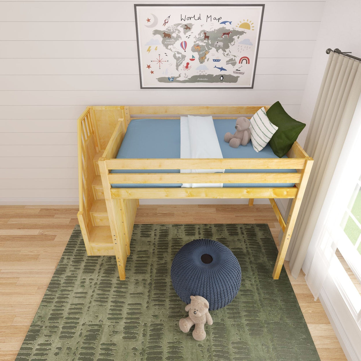 Kids' wooden loft bed with stairs, featuring blue bedding, decorative pillows, teddy bear, and map wall poster in a cozy bedroom setting.