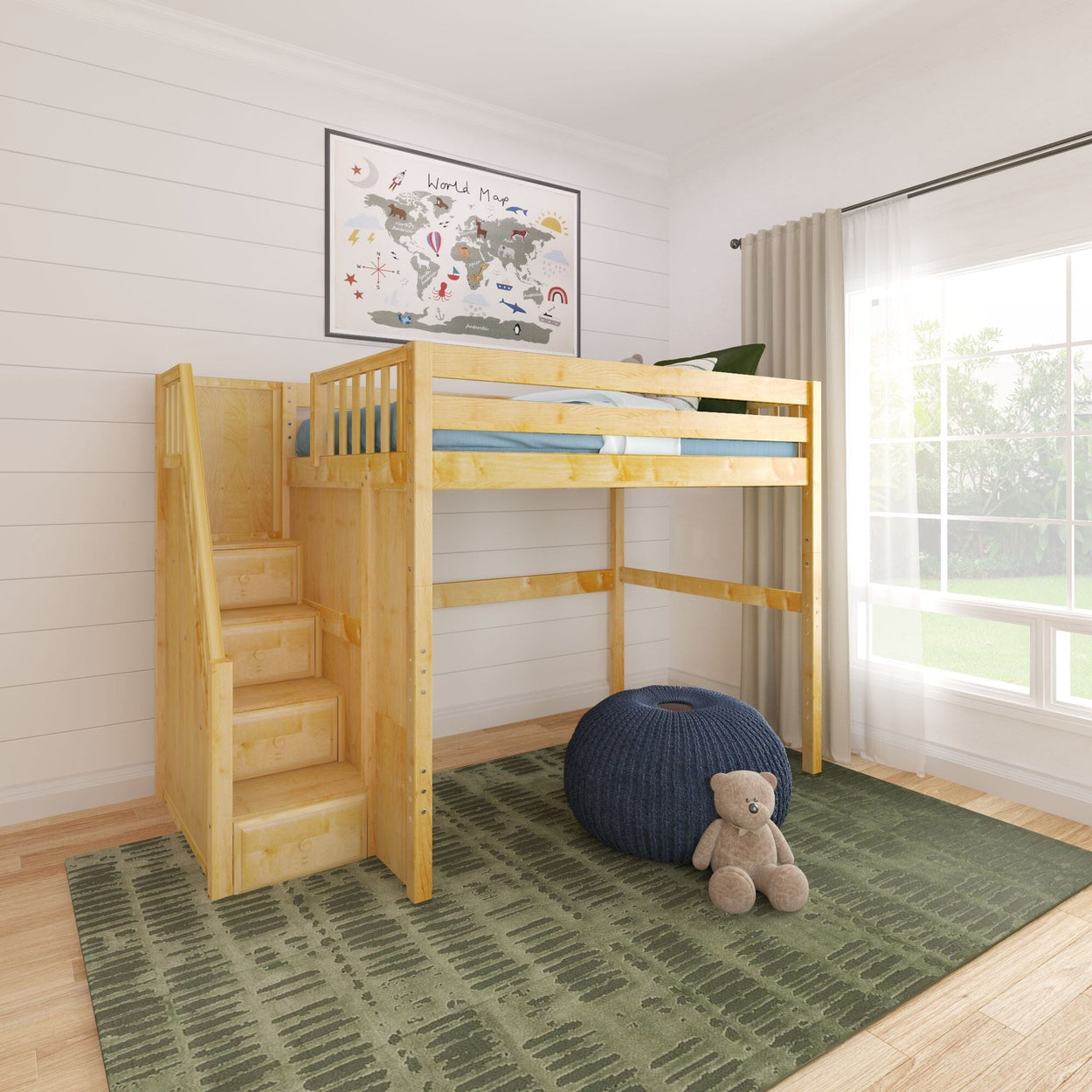 Wooden loft bed with stairs in a bright children's bedroom featuring green rug, soft plush teddy bear, and large window.