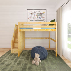 Lofted wooden children's bed with stairs in a bright bedroom, featuring a world map, green rug, blue pouf, and teddy bear.