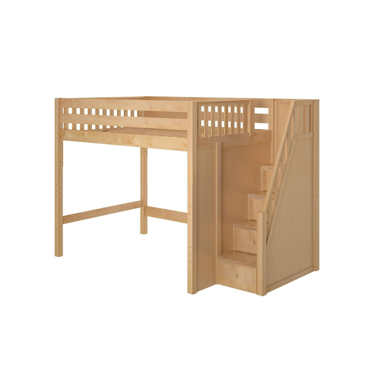 Wooden loft bed with stairs and storage, ideal for kids and small spaces.