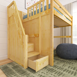 Wooden loft bed with stairs and storage drawers in a cozy bedroom.