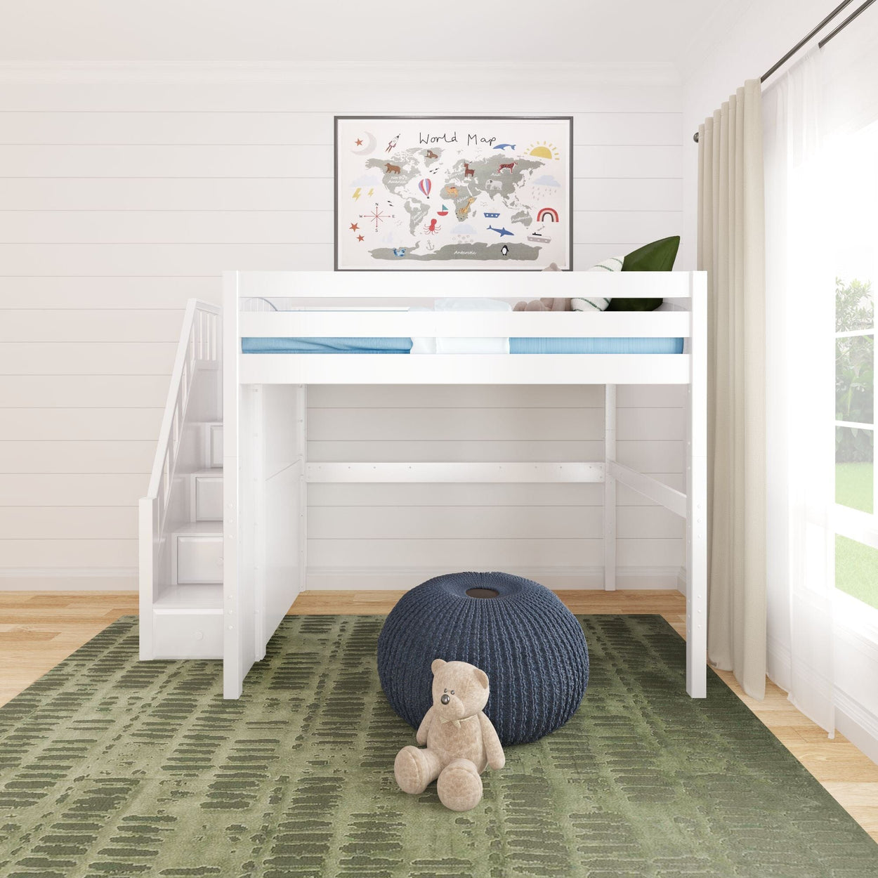 Loft bed with stairs in a bright children's room featuring a world map wall art and a cozy teddy bear on an olive green rug.