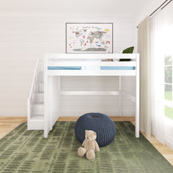 Loft bed with stairs in a bright children's room featuring a world map wall art and a cozy teddy bear on an olive green rug.