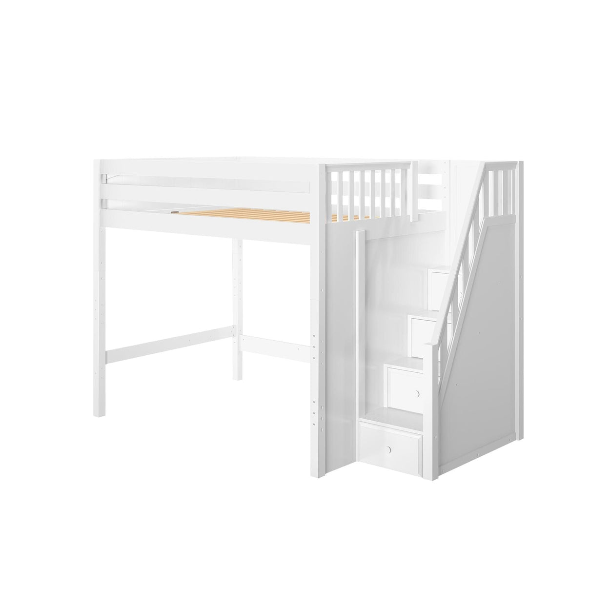 White loft bed with staircase storage, ideal for maximizing space in small bedrooms.