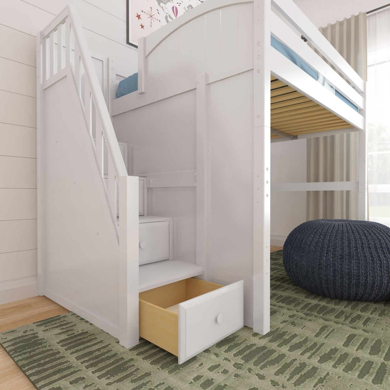 White loft bed with built-in storage drawers and a staircase in a modern bedroom setting.