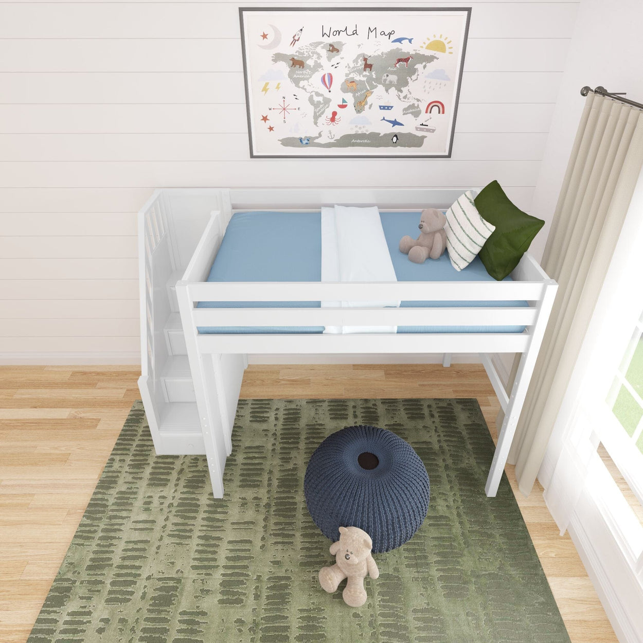 Children's bedroom with loft bed, world map decor, and cozy plush toys.