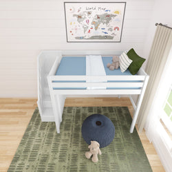 Children's bedroom with loft bed, world map decor, and cozy plush toys.
