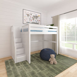 White loft bed with stairs in a modern children's bedroom featuring a world map wall art and natural light from a large window.