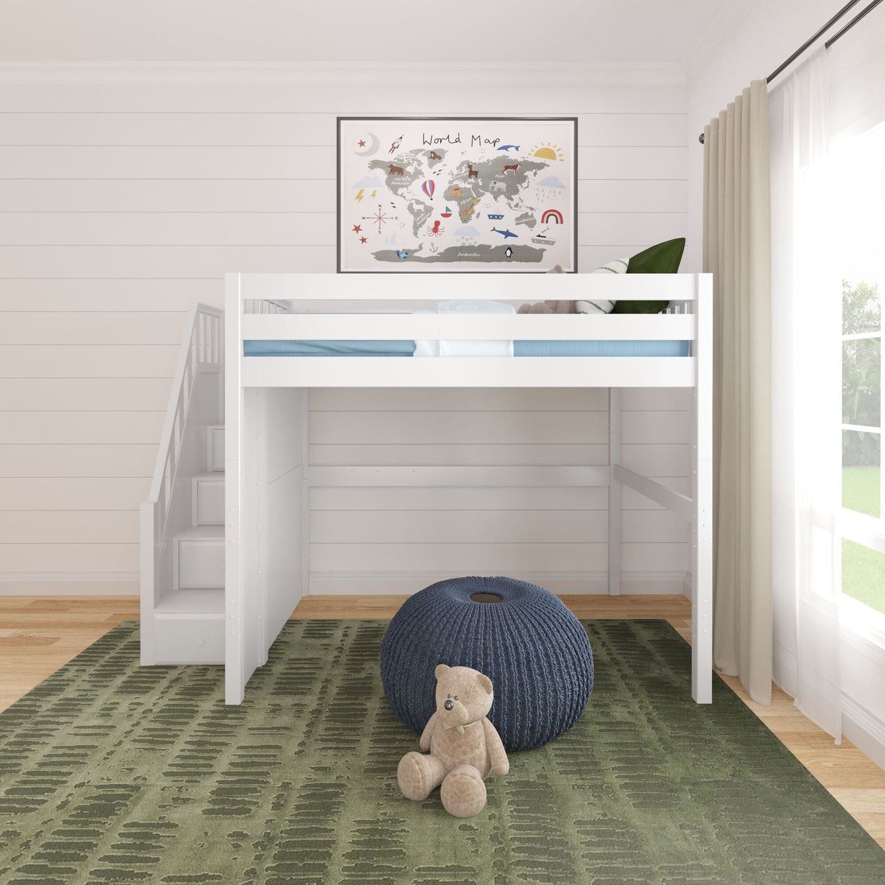 Children's room with white loft bed, colorful world map poster, green rug, navy ottoman, and teddy bear for playful decor.